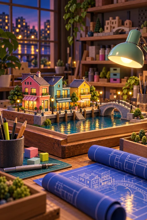 Miniature waterfront city on a workshop table